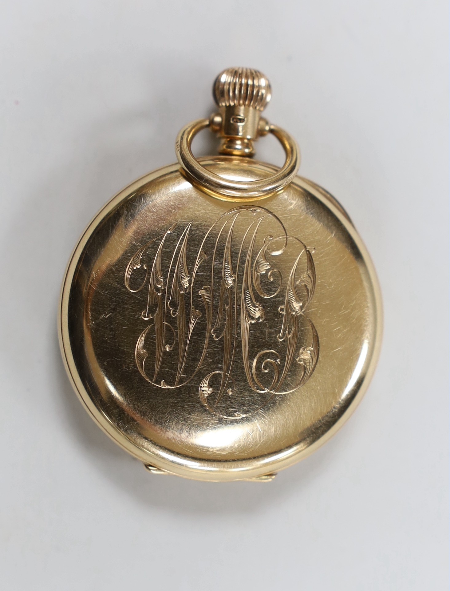 A George V 9ct gold Omega open face keyless pocket watch, case diameter 44mm, gross weight 63 grams.